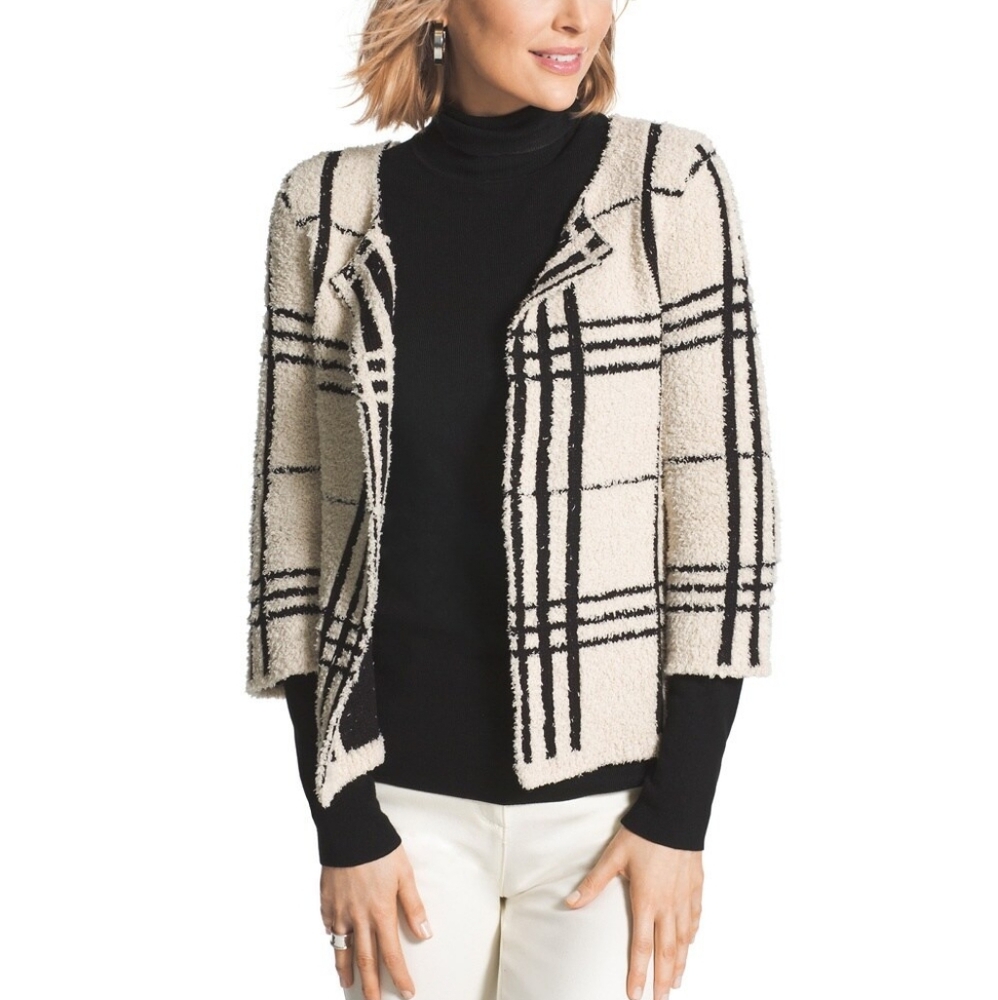 Chico's Cleo Cream & Black Plaid Soft Fuzzy Open Front Cardigan Sweater